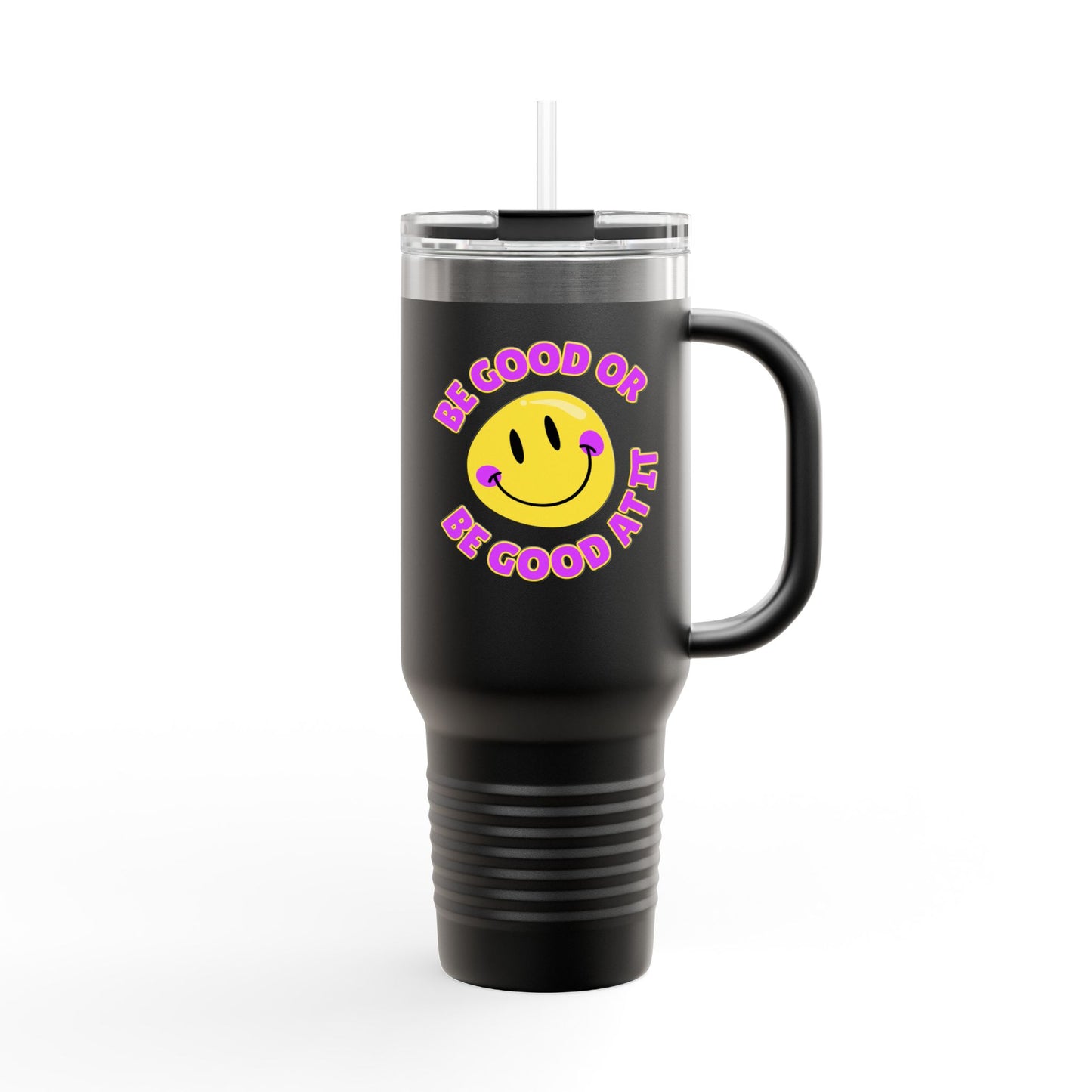 Be Good or Be Good At It Crooked Smiley // Insulated Travel Mug, 40oz - Blue Text