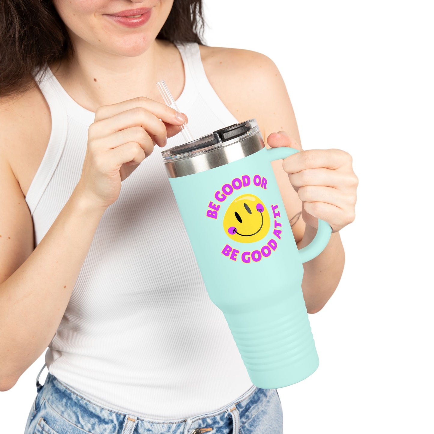 Be Good or Be Good At It Crooked Smiley // Insulated Travel Mug, 40oz - Blue Text
