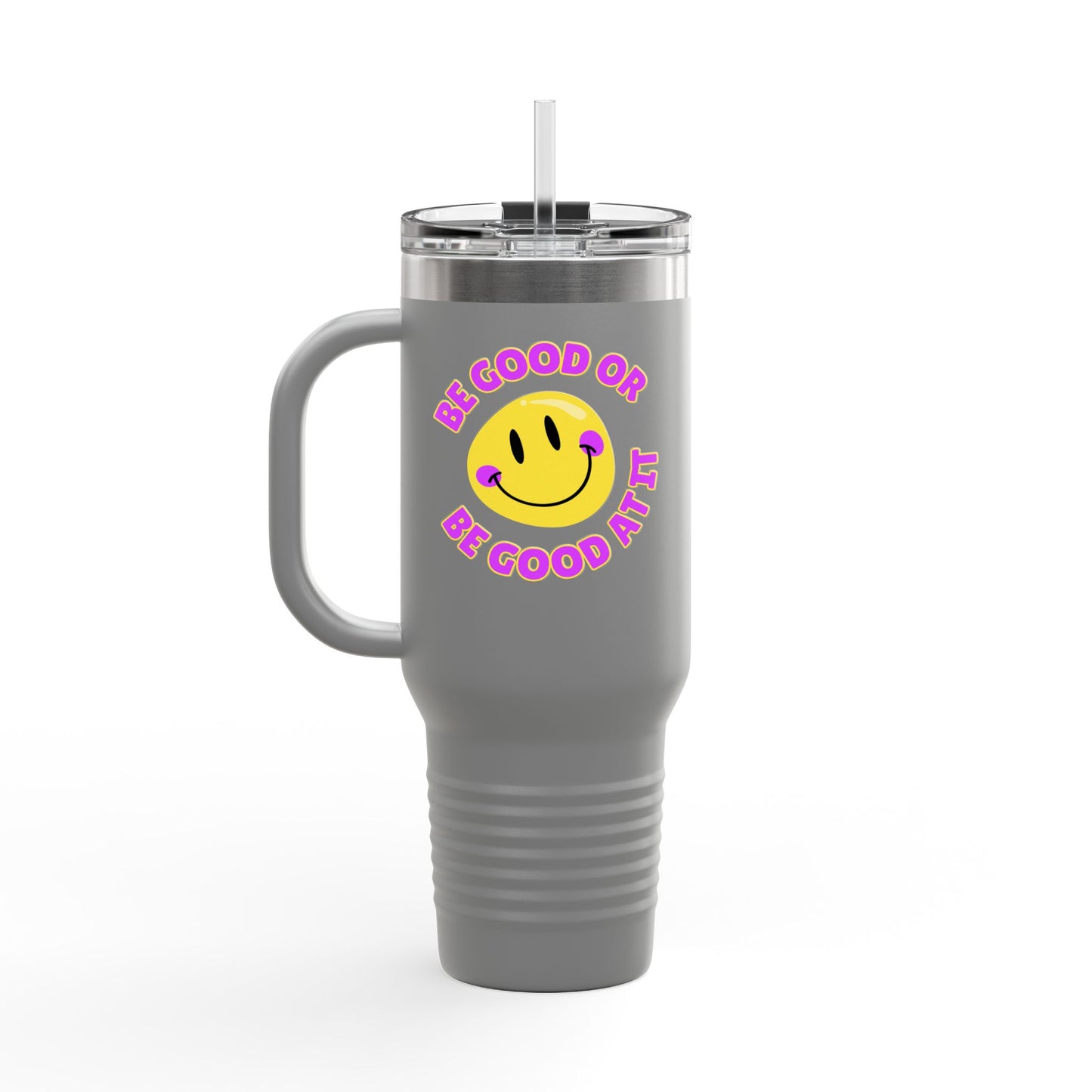 Be Good or Be Good At It Crooked Smiley // Insulated Travel Mug, 40oz - Blue Text