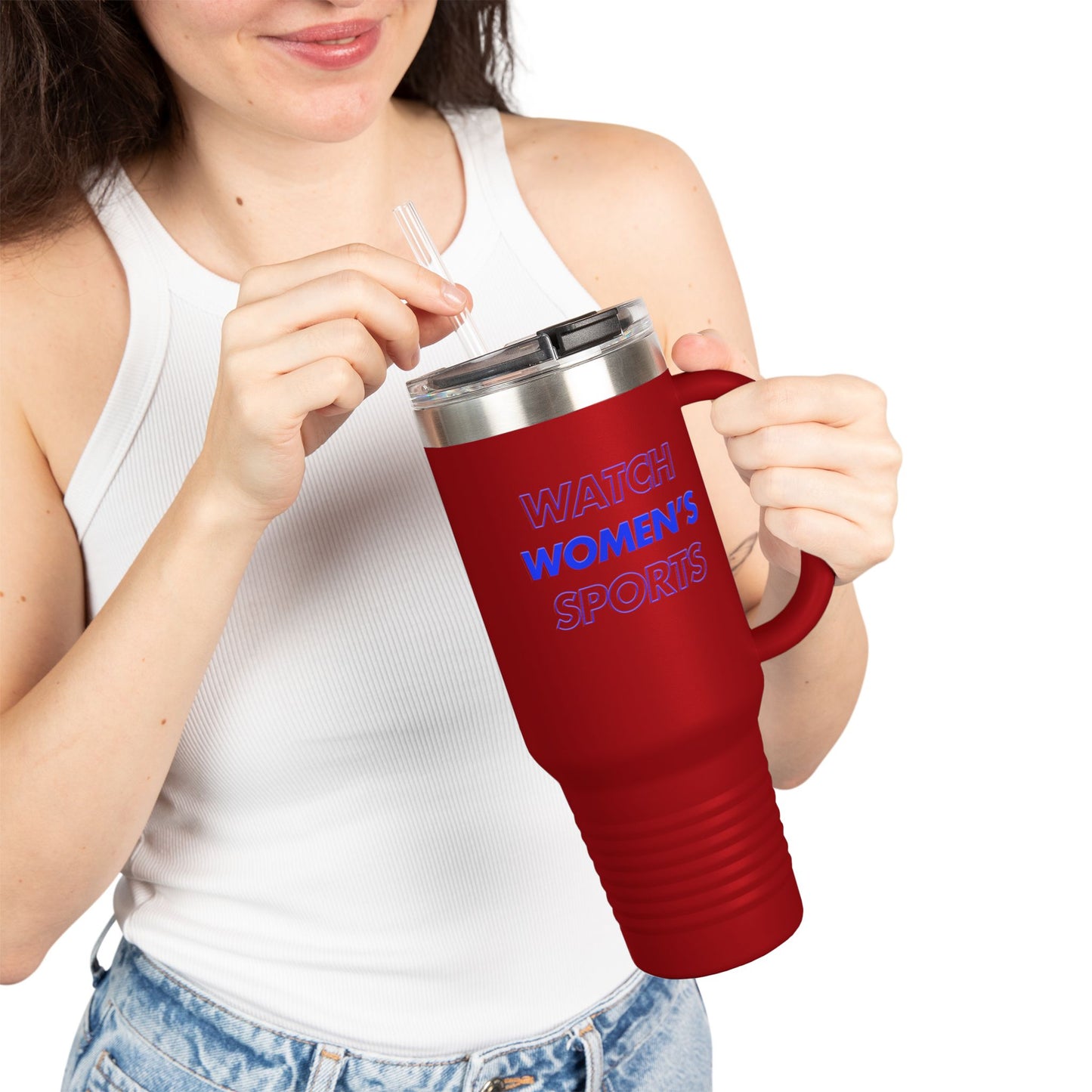 Watch Women's Sports // Insulated Travel Mug, 40oz - Blue Text