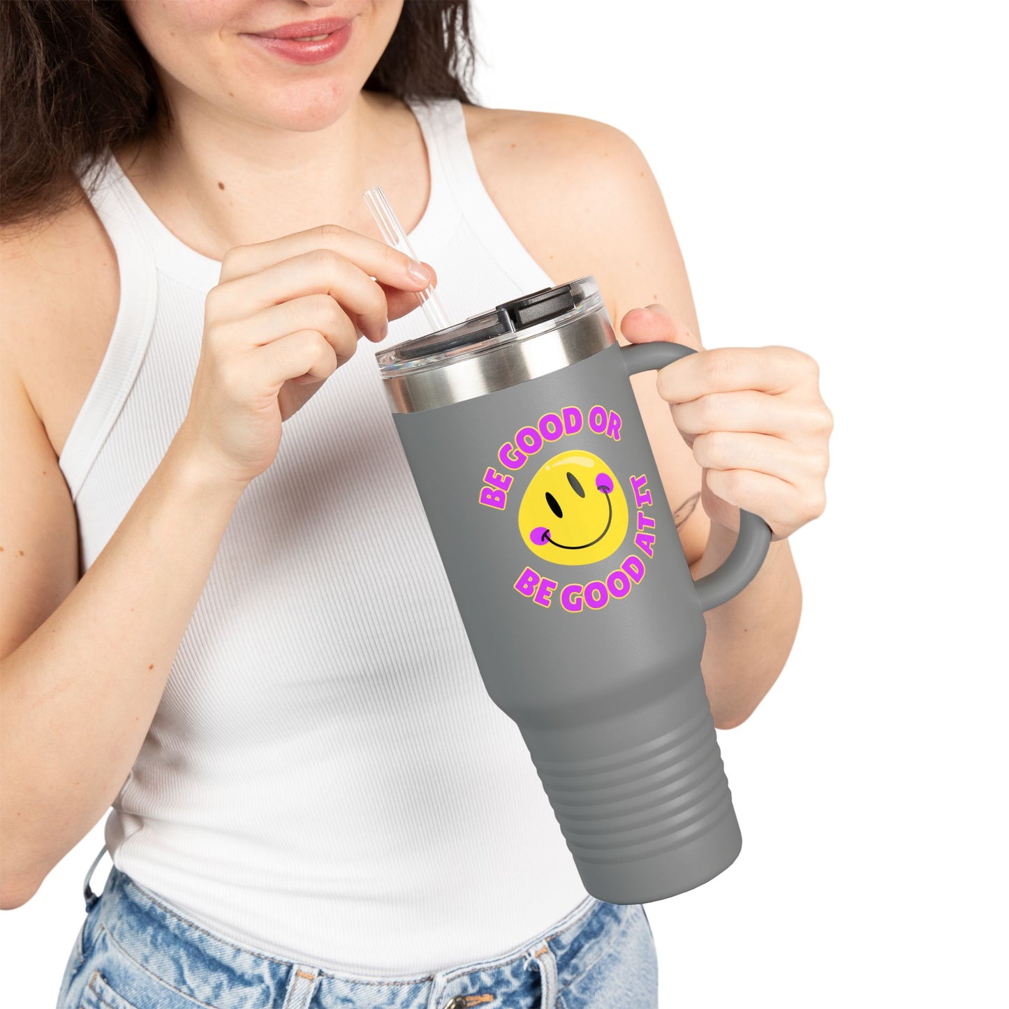 Be Good or Be Good At It Crooked Smiley // Insulated Travel Mug, 40oz - Blue Text