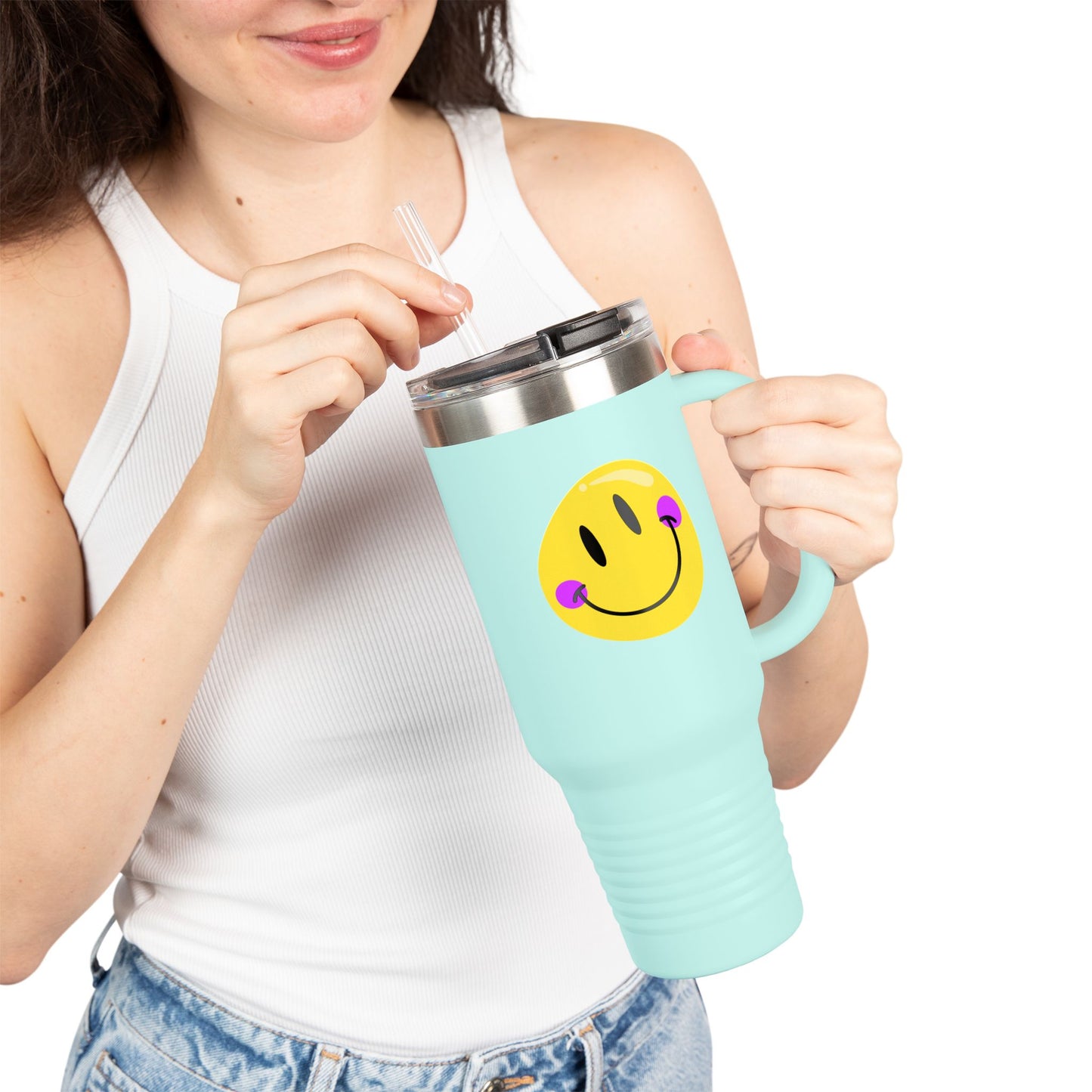 Crooked Smiley // Insulated Travel Mug, 40oz - Blue Text