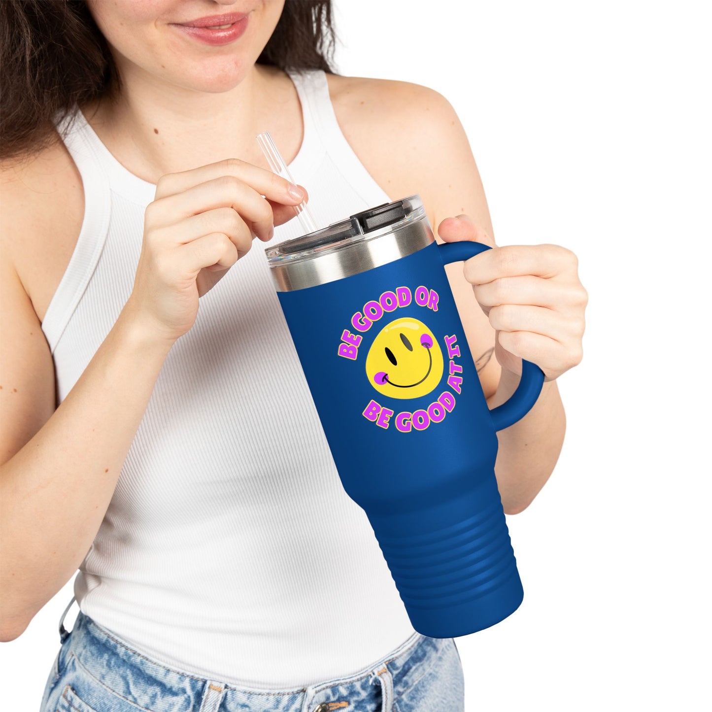 Be Good or Be Good At It Crooked Smiley // Insulated Travel Mug, 40oz - Blue Text