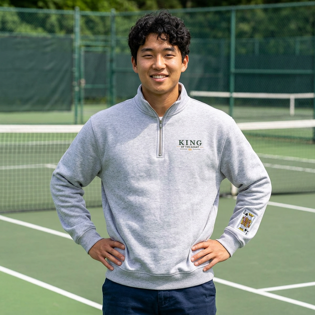 Tennis - King of the Court - Q-Zip Sweatshirt - Chest Logo & Vintage Playing Card Sleeve Design