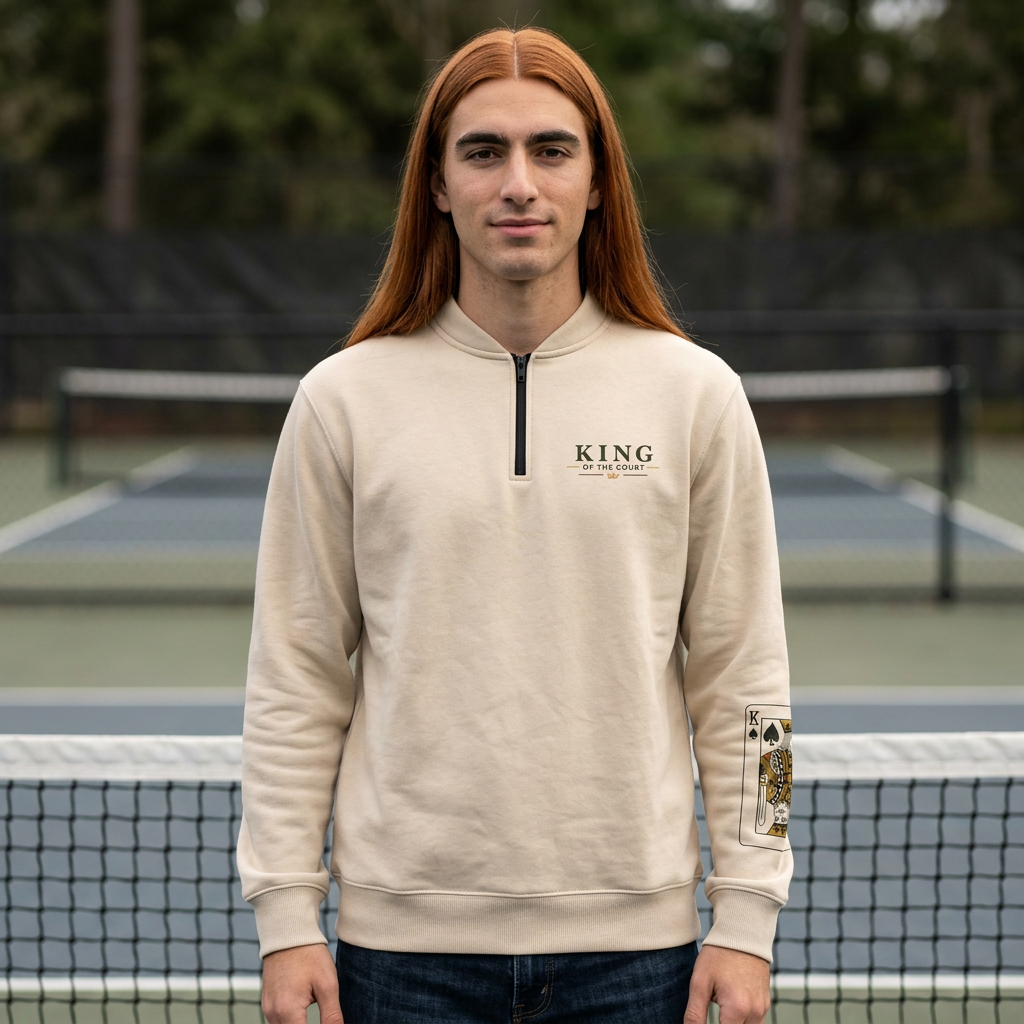 Pickleball - King of the Court - Q-Zip Sweatshirt - Chest Logo & Vintage Playing Card Sleeve Design