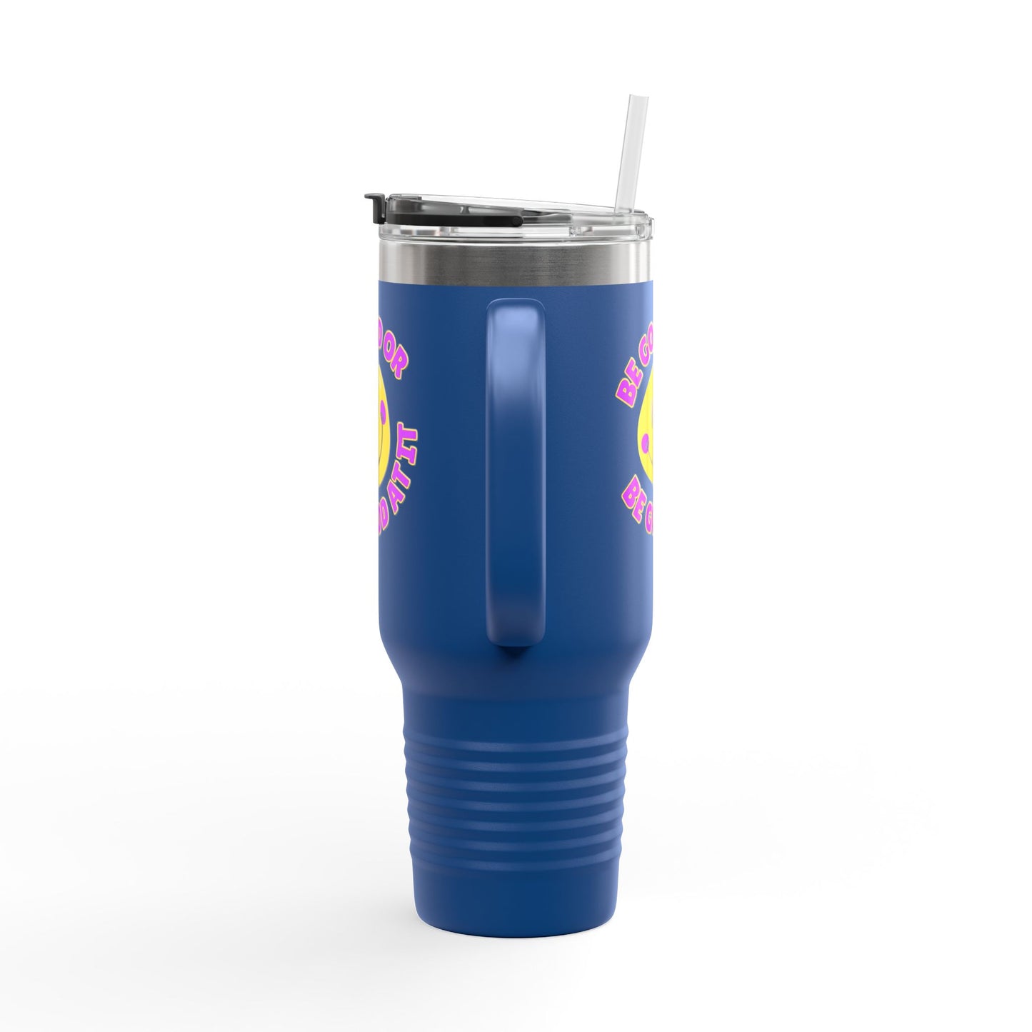 Be Good or Be Good At It Crooked Smiley // Insulated Travel Mug, 40oz - Blue Text