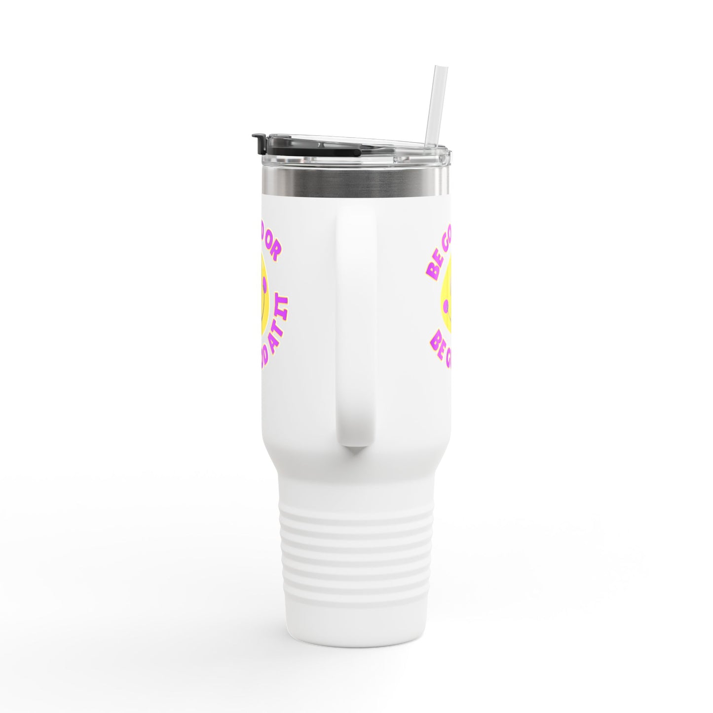 Be Good or Be Good At It Crooked Smiley // Insulated Travel Mug, 40oz - Blue Text