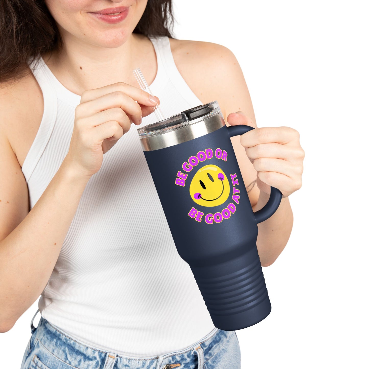 Be Good or Be Good At It Crooked Smiley // Insulated Travel Mug, 40oz - Blue Text