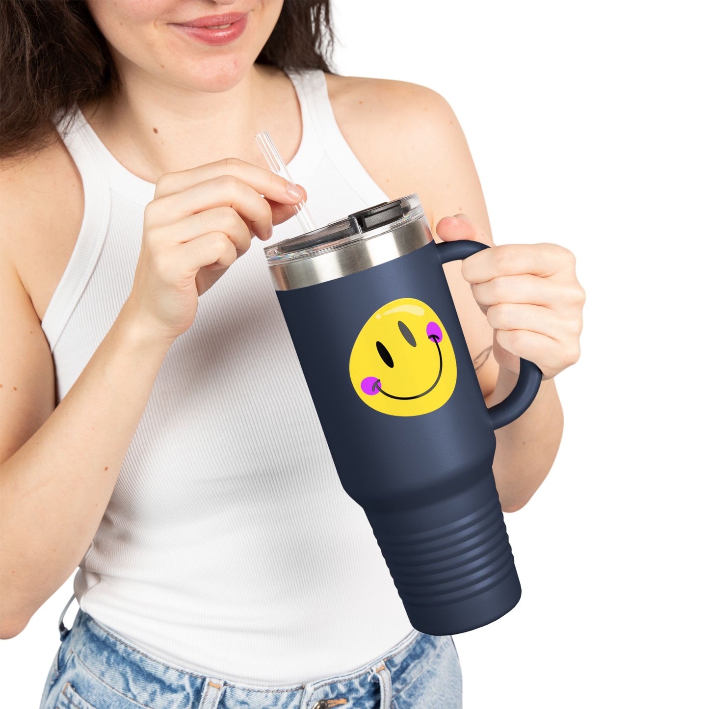 Crooked Smiley // Insulated Travel Mug, 40oz - Blue Text