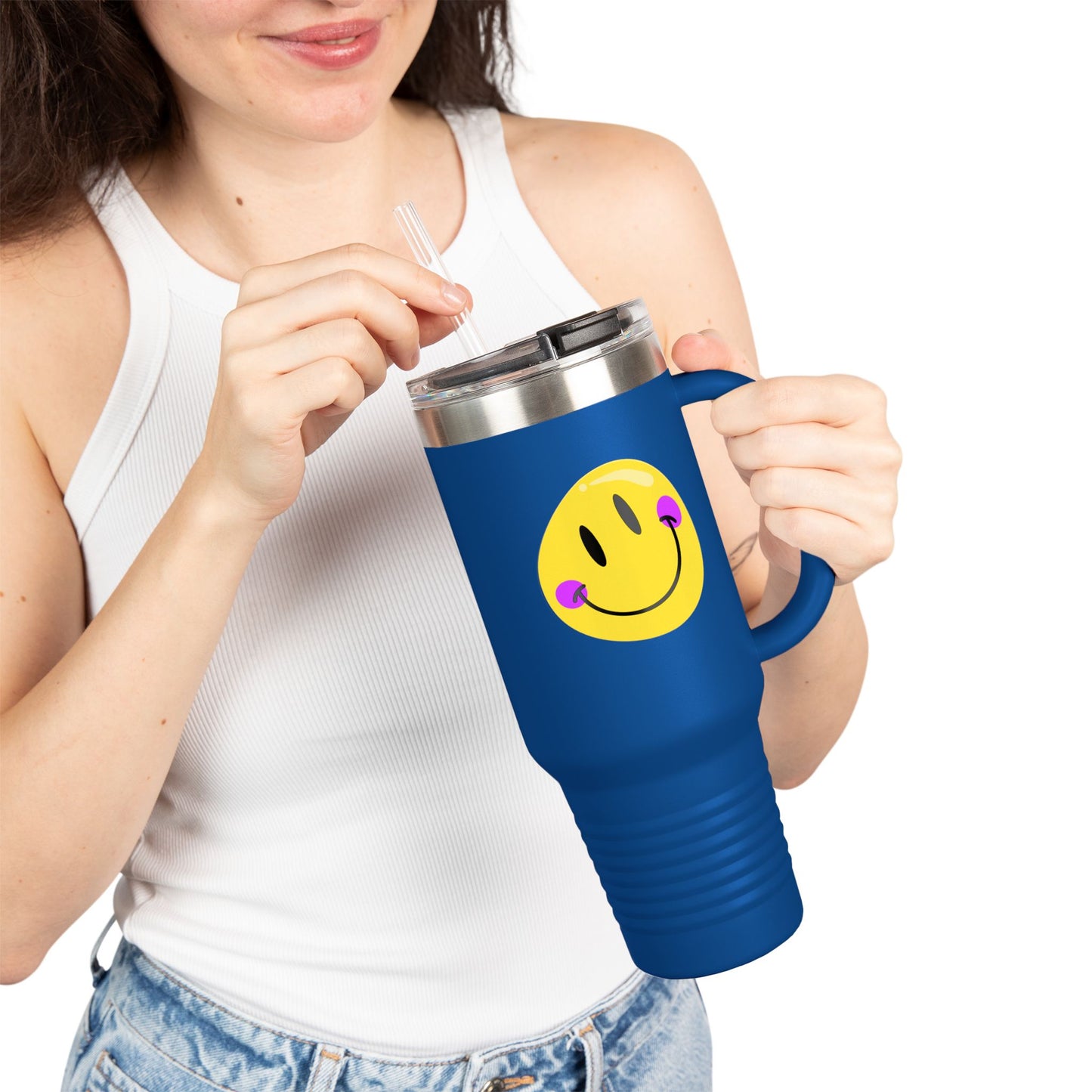 Crooked Smiley // Insulated Travel Mug, 40oz - Blue Text