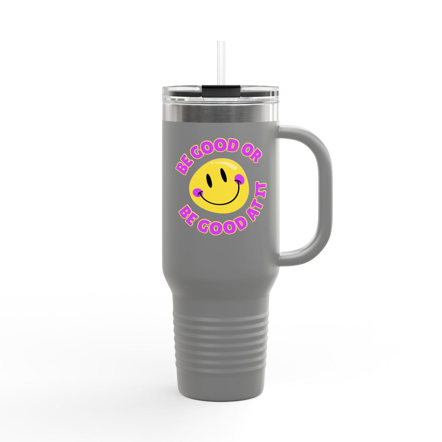 Be Good or Be Good At It Crooked Smiley // Insulated Travel Mug, 40oz - Blue Text