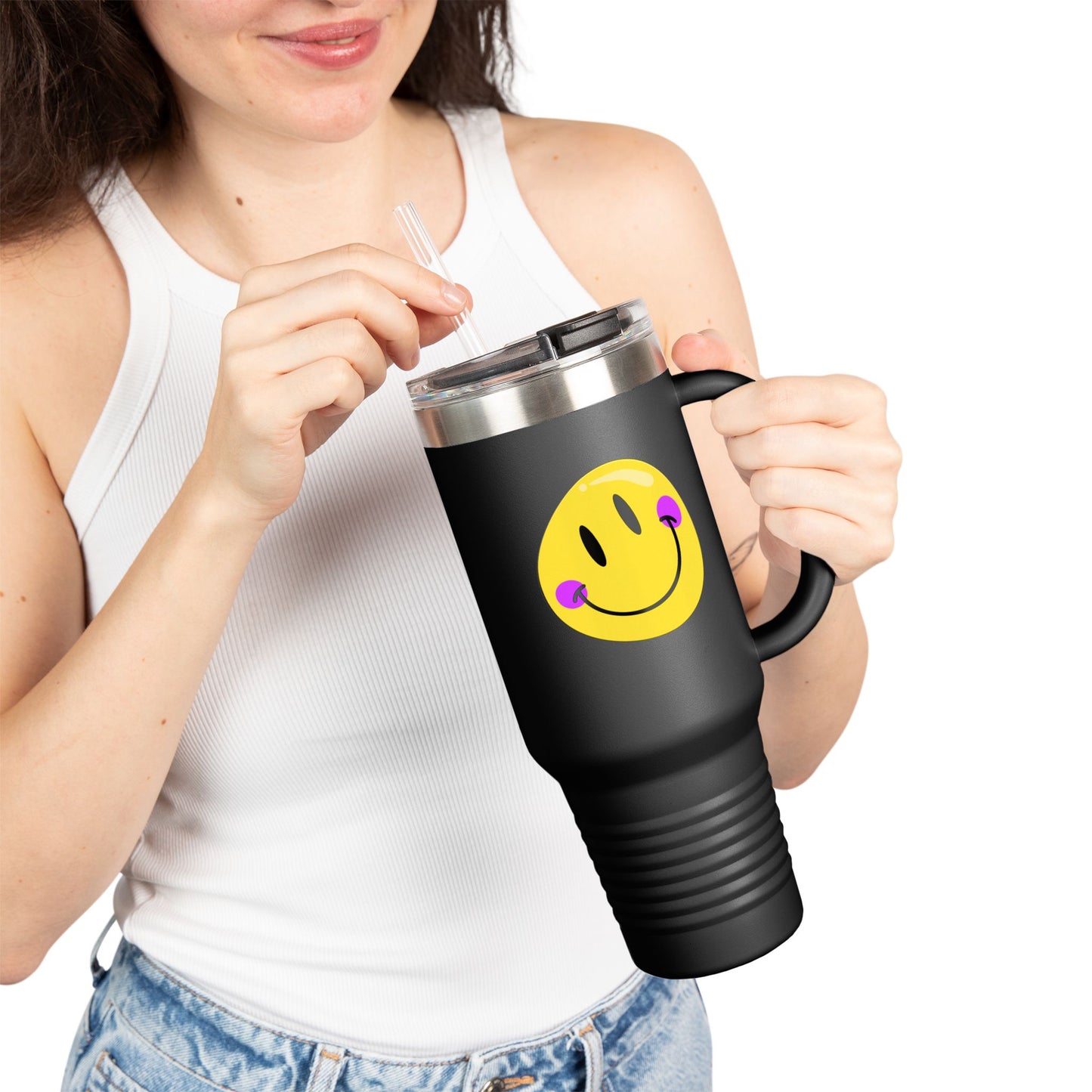 Crooked Smiley // Insulated Travel Mug, 40oz - Blue Text