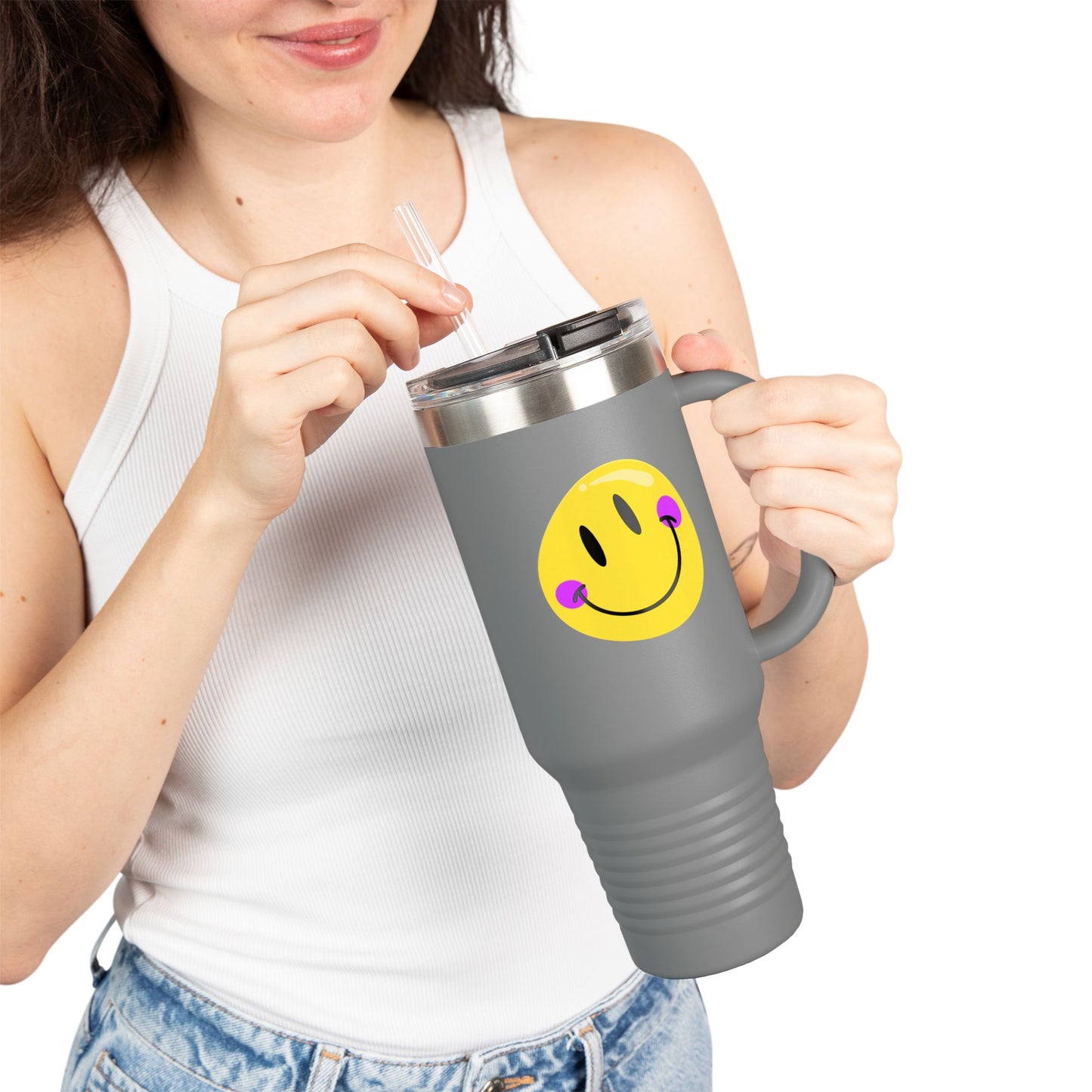 Crooked Smiley // Insulated Travel Mug, 40oz - Blue Text