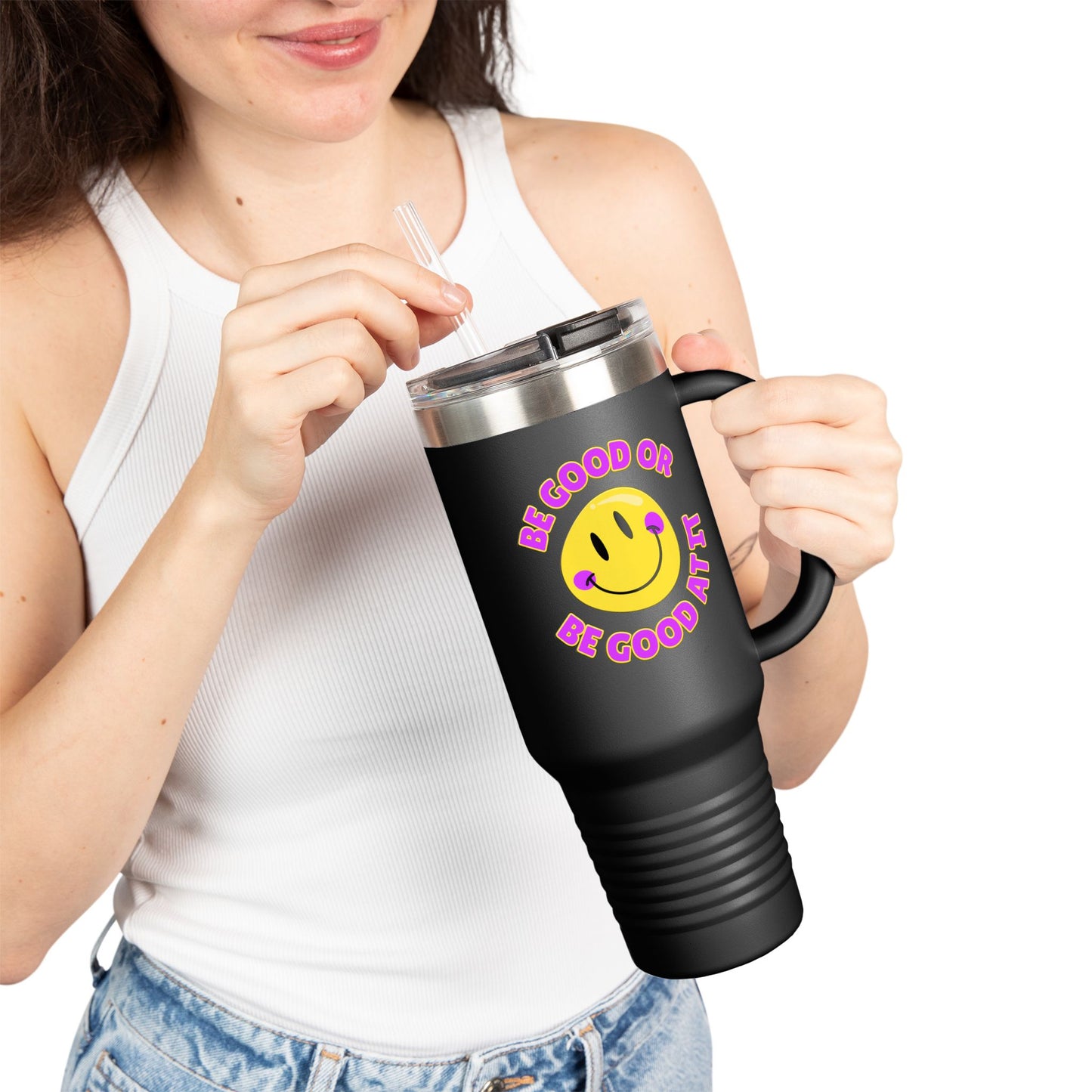 Be Good or Be Good At It Crooked Smiley // Insulated Travel Mug, 40oz - Blue Text