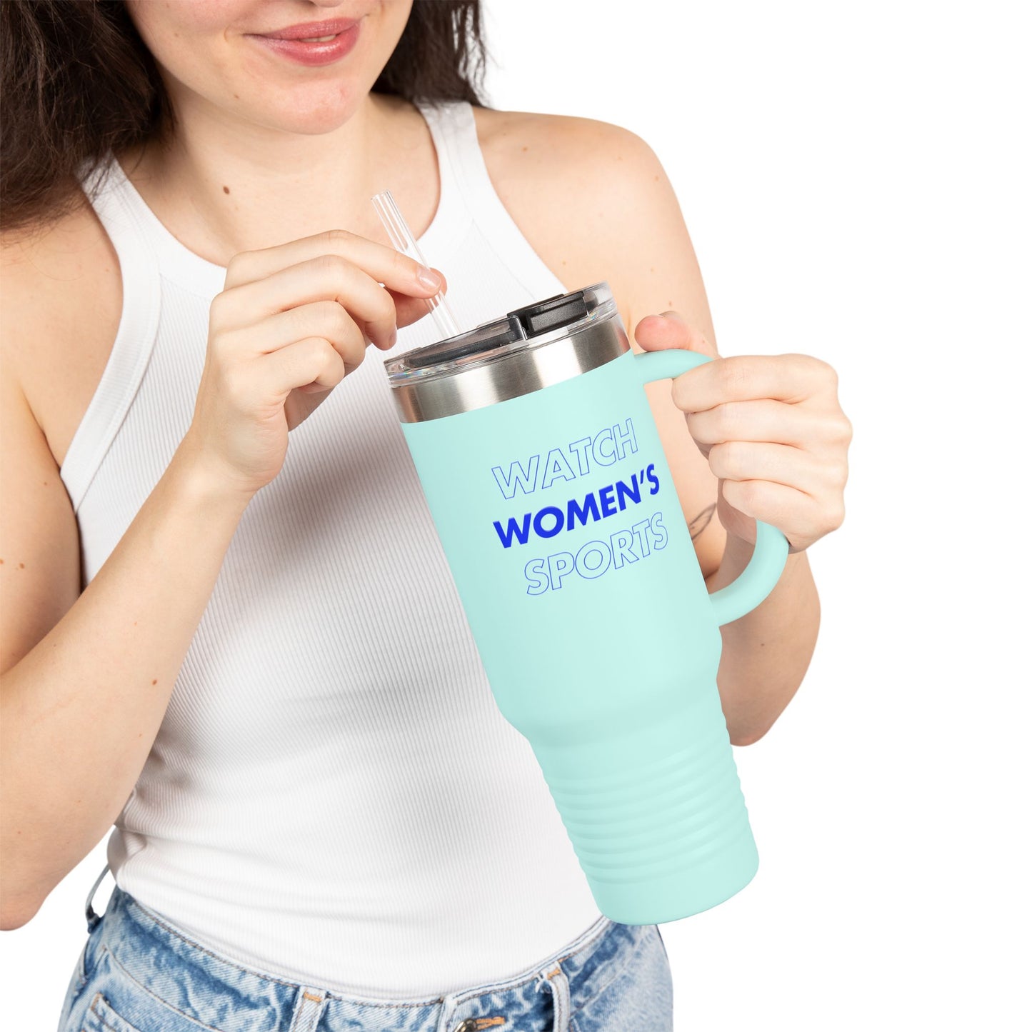 Watch Women's Sports // Insulated Travel Mug, 40oz - Blue Text