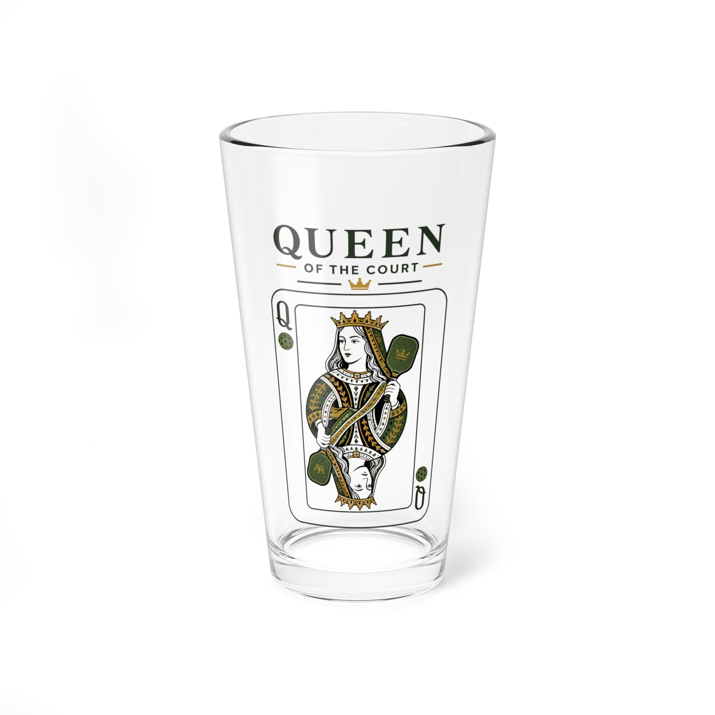Pickleball - Queen of the Court - Vintage Playing Card  - 16oz Mixing Glass – Cocktail Shaker Glass or Beer Pint Glass