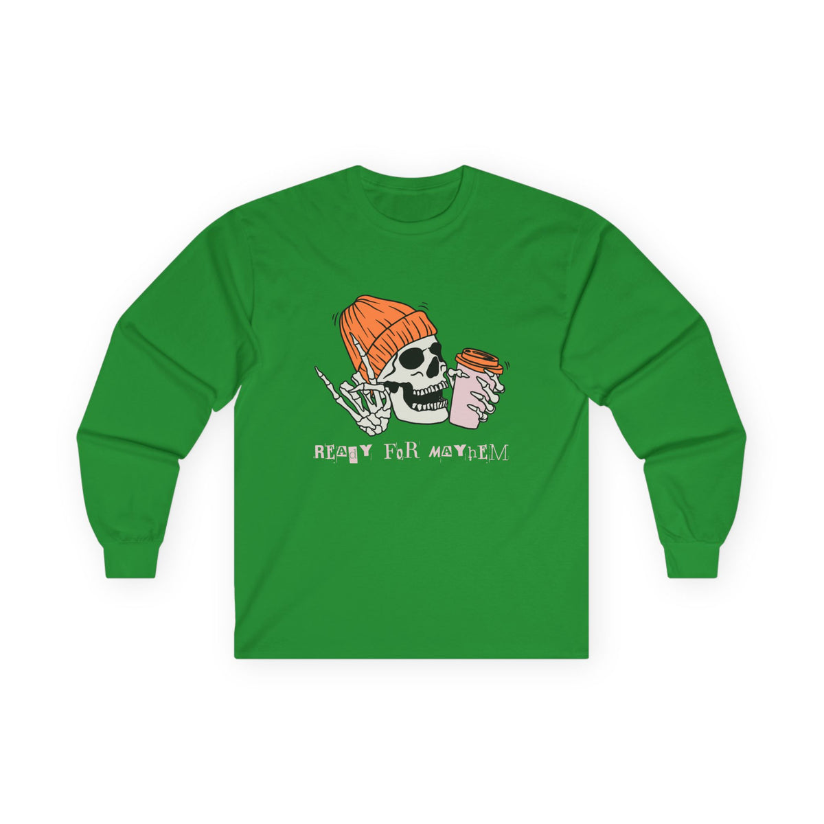'Ready for Mayhem' Skull Coffee Tee — Casual Graphic Long Sleeve T-Shirt