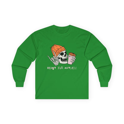 'Ready for Mayhem' Skull Coffee Tee — Casual Graphic Long Sleeve T-Shirt