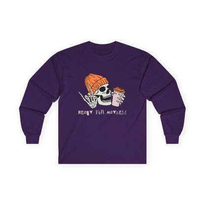 'Ready for Mayhem' Skull Coffee Tee — Casual Graphic Long Sleeve T-Shirt