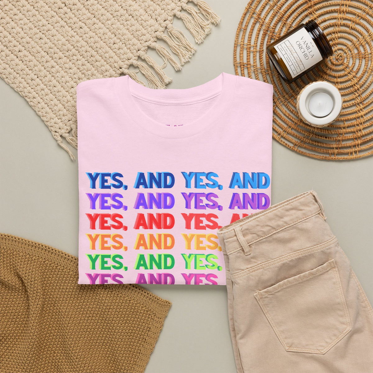 Improv, Multi Color "Yes, And" // Colorful Affirmation Unisex Heavy Cotton Tee