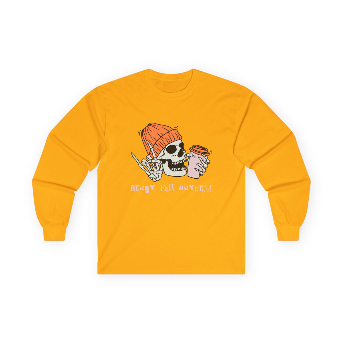 'Ready for Mayhem' Skull Coffee Tee — Casual Graphic Long Sleeve T-Shirt