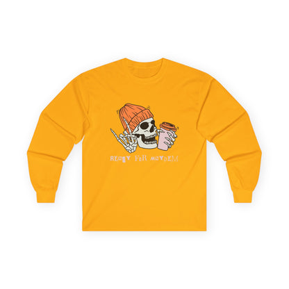 'Ready for Mayhem' Skull Coffee Tee — Casual Graphic Long Sleeve T-Shirt