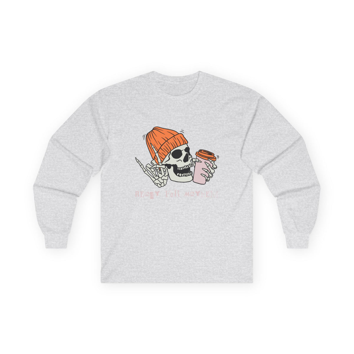 'Ready for Mayhem' Skull Coffee Tee — Casual Graphic Long Sleeve T-Shirt