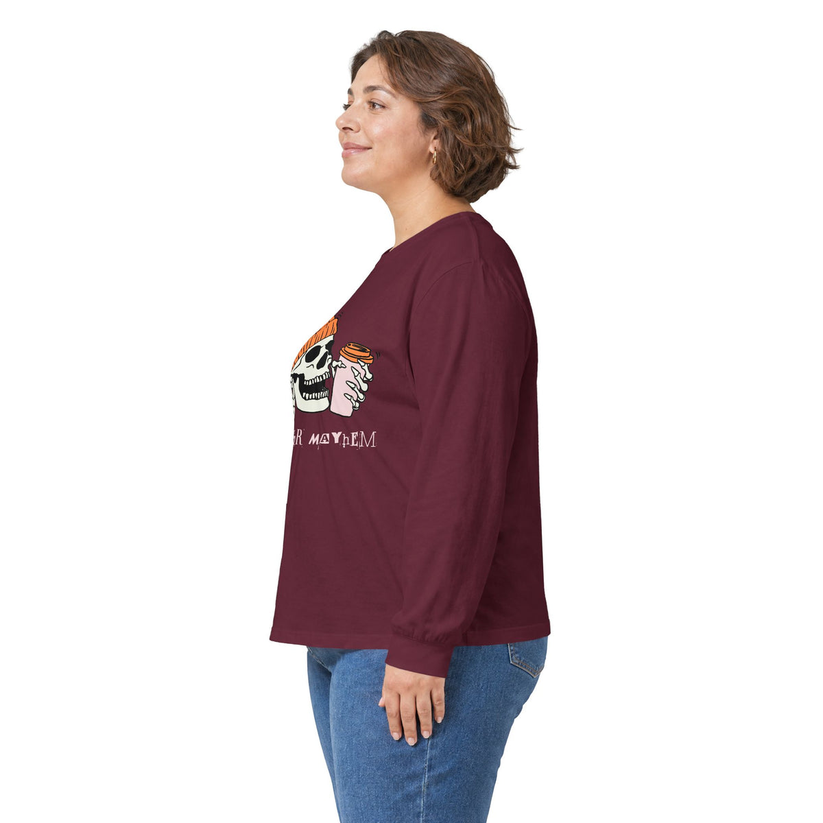 'Ready for Mayhem' Skull Coffee Tee — Casual Graphic Long Sleeve T-Shirt