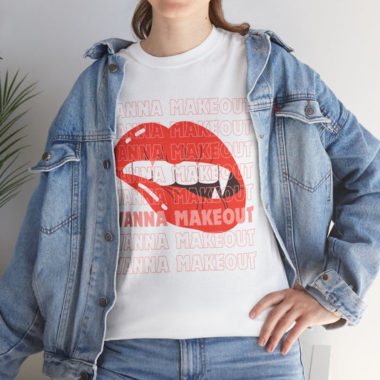 Unisex Heavy Cotton Tee - 'Wanna Makeout' Graphic Tee, Trendy Casual Wear, Perfect for Parties, Fun Couple's Tee