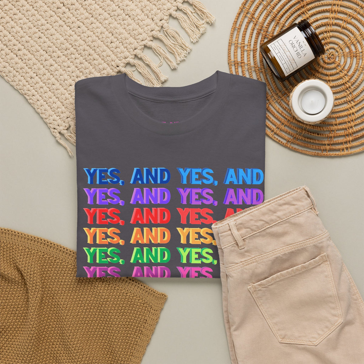Improv, Multi Color "Yes, And" // Colorful Affirmation Unisex Heavy Cotton Tee