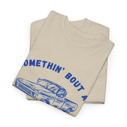 Somethin' Bout A Truck - Cobalt Distressed // Vintage Truck Graphic Unisex Heavy Cotton Tee - Perfect for Truck Lovers