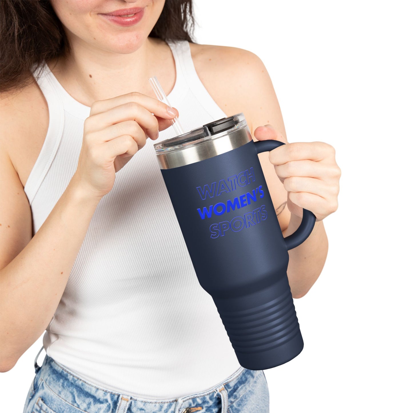 Watch Women's Sports // Insulated Travel Mug, 40oz - Blue Text