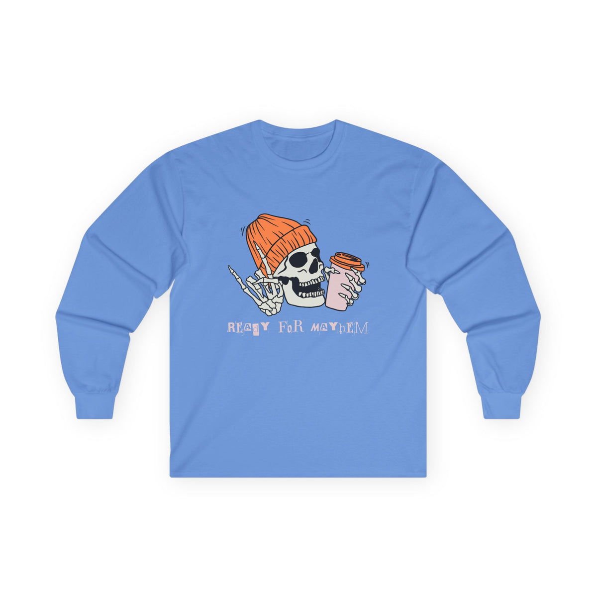 'Ready for Mayhem' Skull Coffee Tee — Casual Graphic Long Sleeve T-Shirt