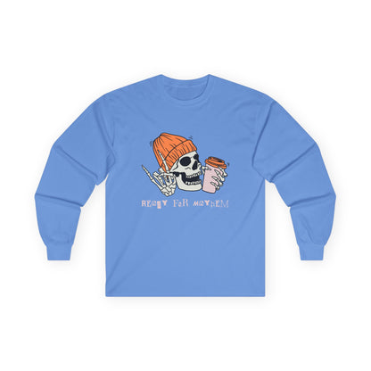 'Ready for Mayhem' Skull Coffee Tee — Casual Graphic Long Sleeve T-Shirt