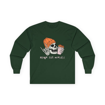 'Ready for Mayhem' Skull Coffee Tee — Casual Graphic Long Sleeve T-Shirt