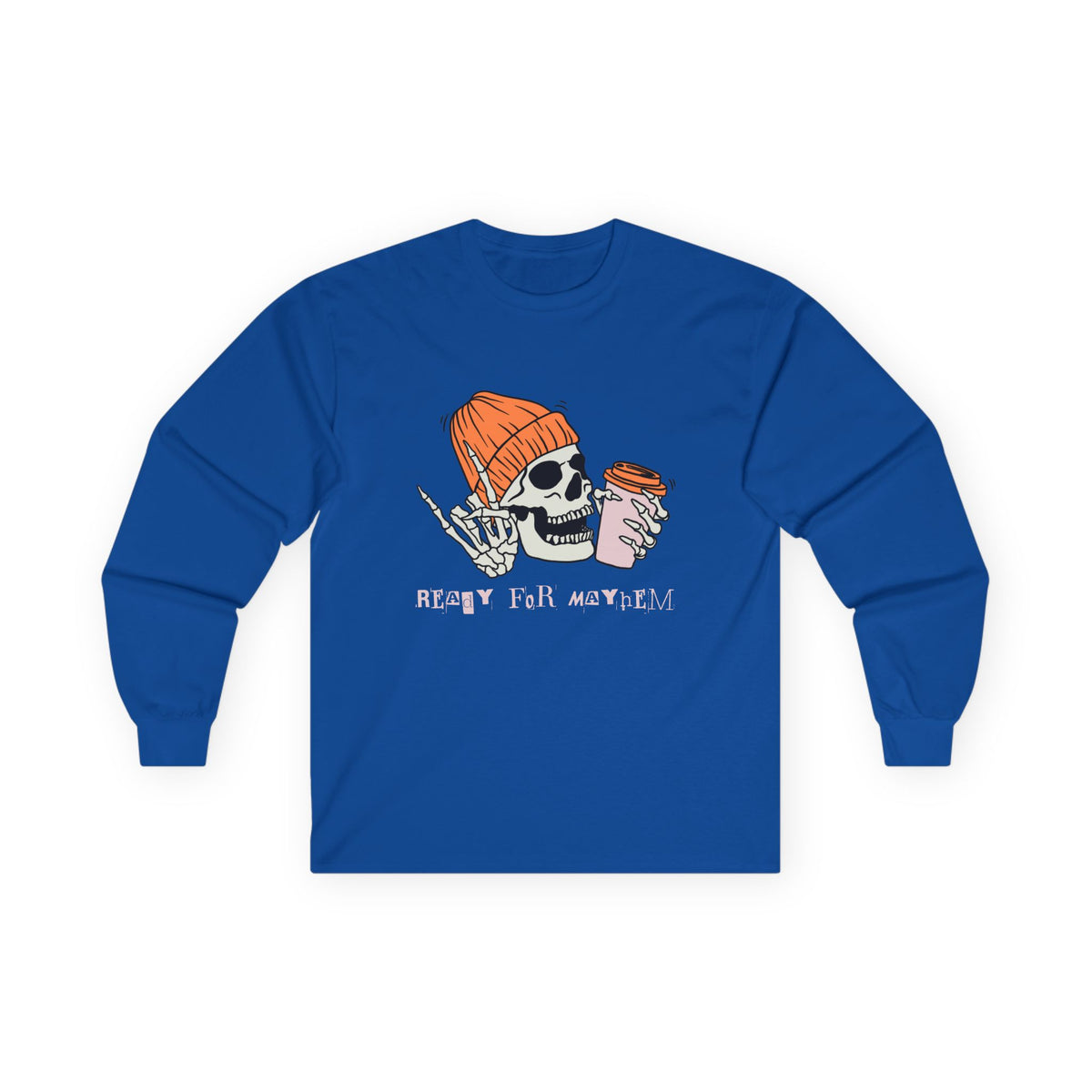 'Ready for Mayhem' Skull Coffee Tee — Casual Graphic Long Sleeve T-Shirt