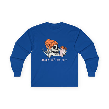 'Ready for Mayhem' Skull Coffee Tee — Casual Graphic Long Sleeve T-Shirt