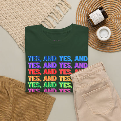 Improv, Multi Color "Yes, And" // Colorful Affirmation Unisex Heavy Cotton Tee