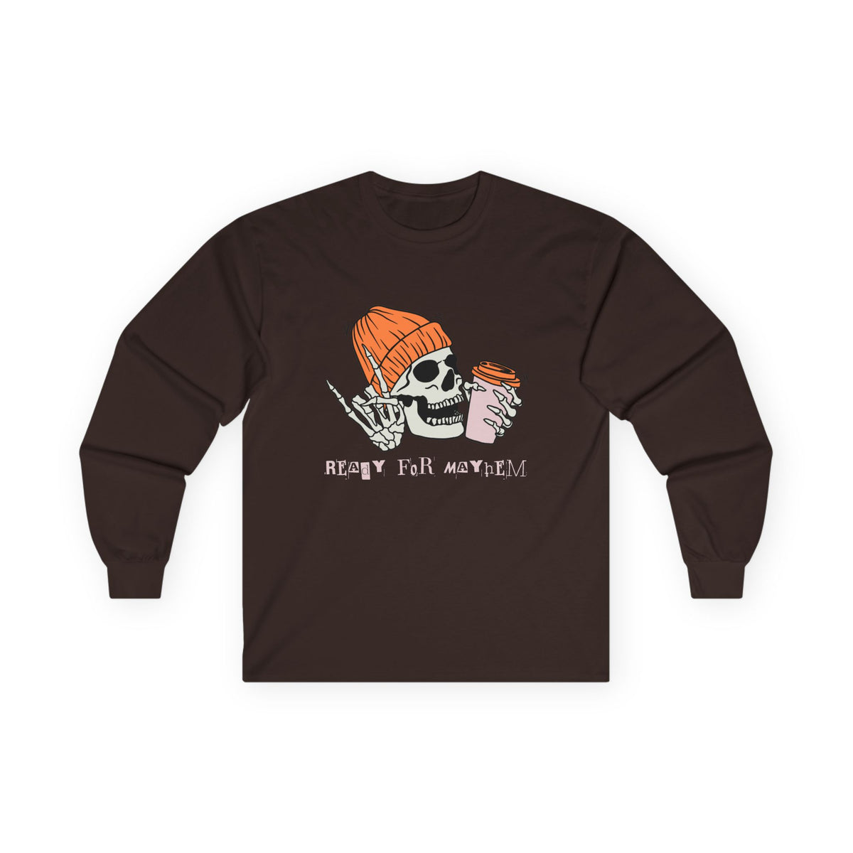 'Ready for Mayhem' Skull Coffee Tee — Casual Graphic Long Sleeve T-Shirt