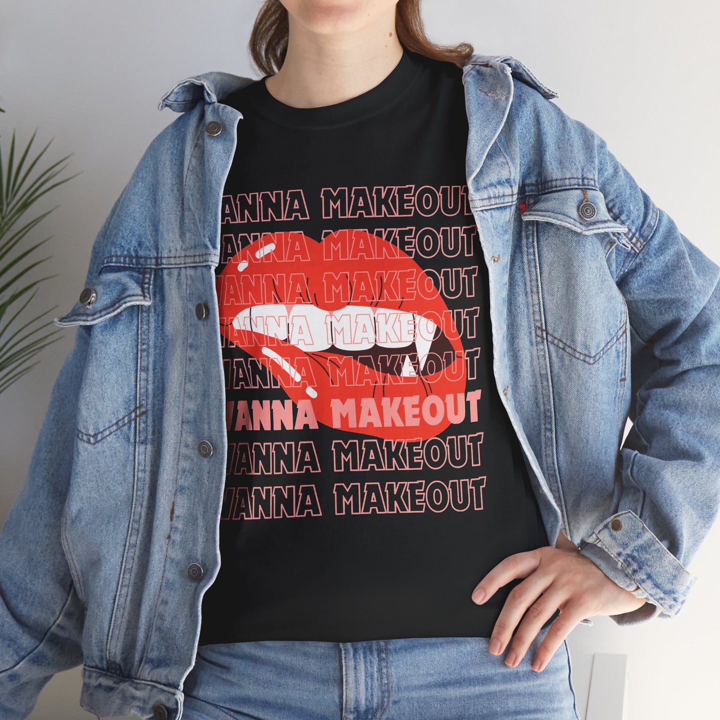 Unisex Heavy Cotton Tee - 'Wanna Makeout' Graphic Tee, Trendy Casual Wear, Perfect for Parties, Fun Couple's Tee