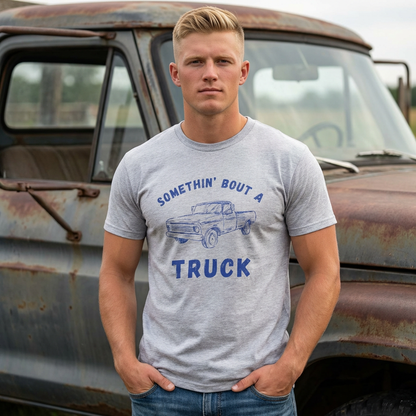 Somethin' Bout A Truck - Cobalt Distressed // Vintage Truck Graphic Unisex Heavy Cotton Tee - Perfect for Truck Lovers
