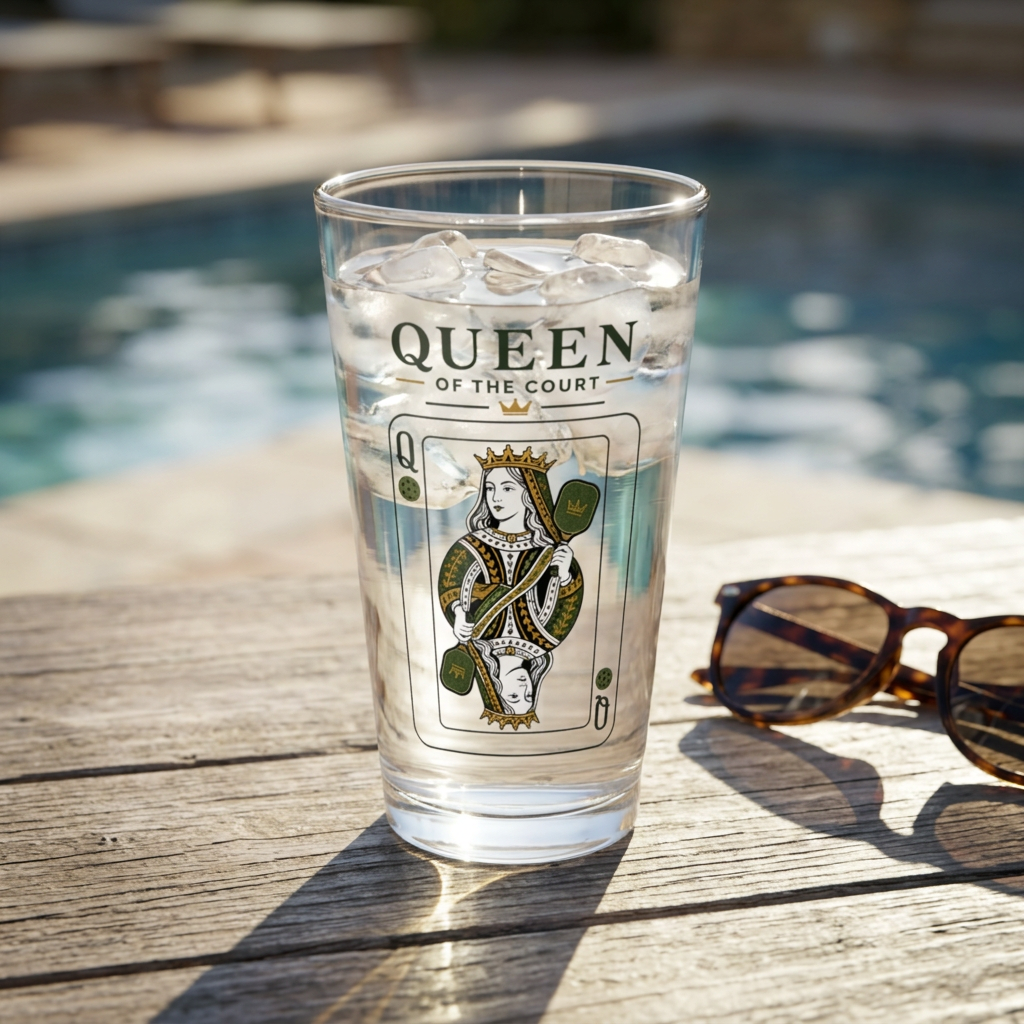 Pickleball - Queen of the Court - Vintage Playing Card  - 16oz Mixing Glass – Cocktail Shaker Glass or Beer Pint Glass