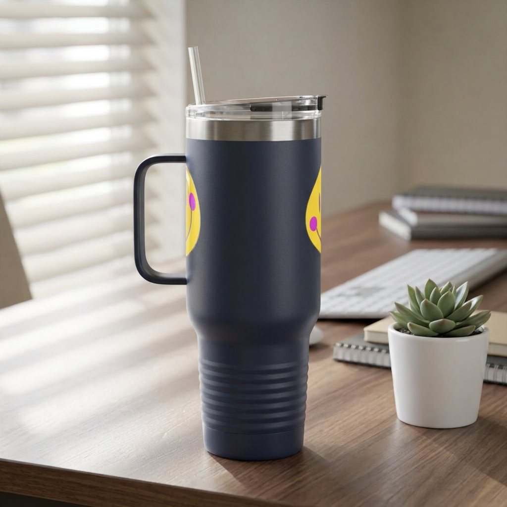 Crooked Smiley // Insulated Travel Mug, 40oz - Blue Text