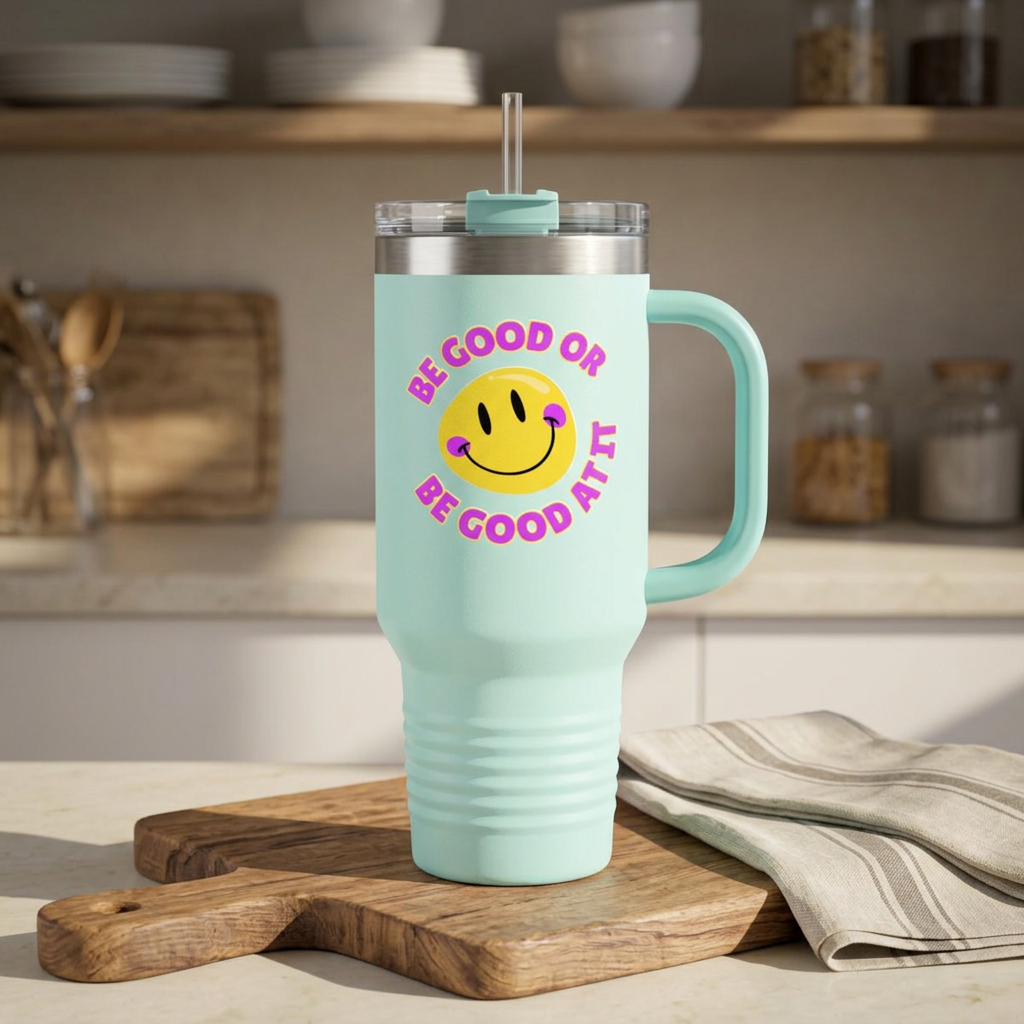 Be Good or Be Good At It Crooked Smiley // Insulated Travel Mug, 40oz - Blue Text
