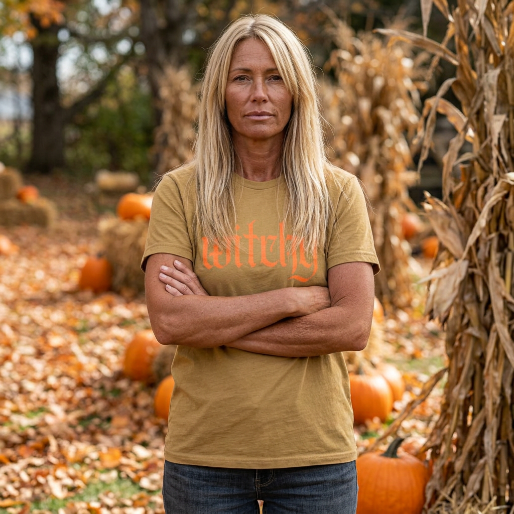 Witchy Graphic Tee — Retro Orange Text on Faded TShirt