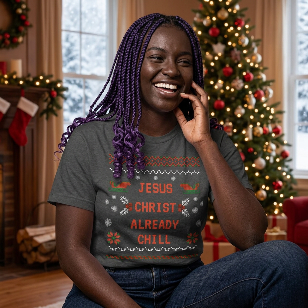 Funny Christmas Tee: "Jesus Christ Already Chill" Unisex Heavy Cotton Shirt