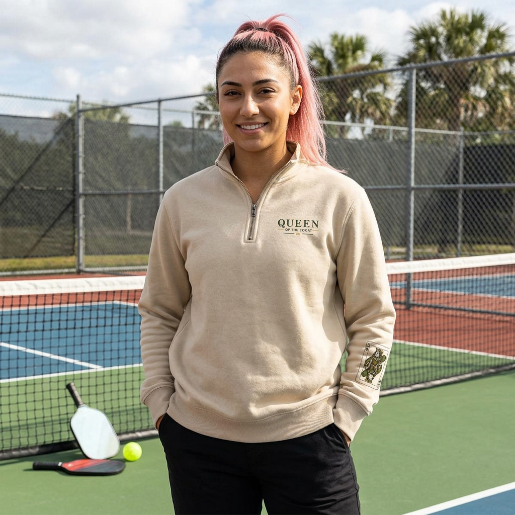 Pickleball - Queen of the Court -  Q-Zip Sweatshirt - Chest Logo & Vintage Playing Card Sleeve Design