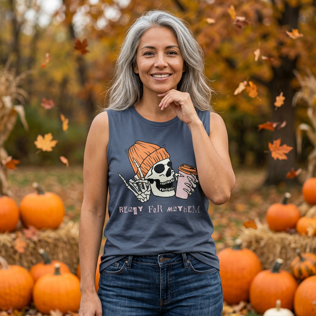 Skeleton Beanie Coffee Tank — "Ready for Mayhem" Women's Muscle Shirt
