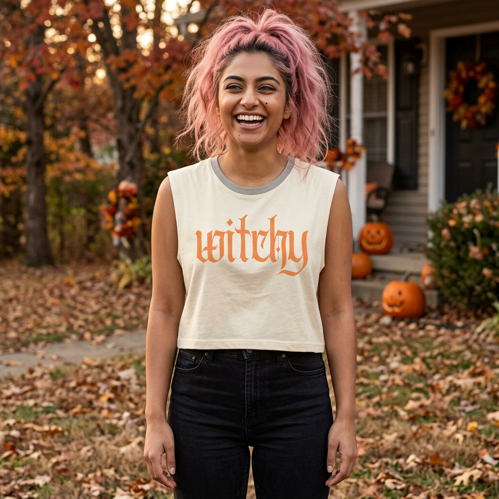 Witchy Gothic Crop Muscle Tee — Women's Halloween Graphic Top