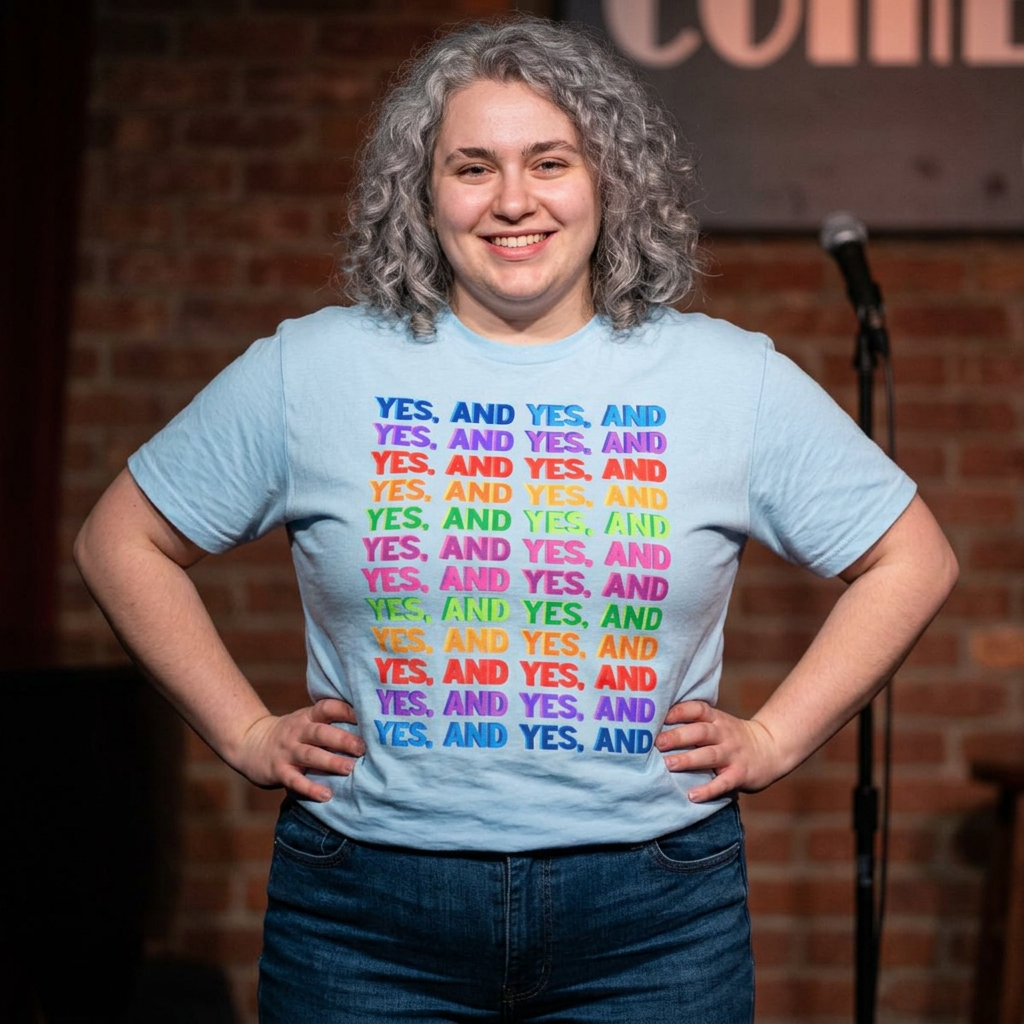 Improv, Multi Color "Yes, And" // Colorful Affirmation Unisex Heavy Cotton Tee